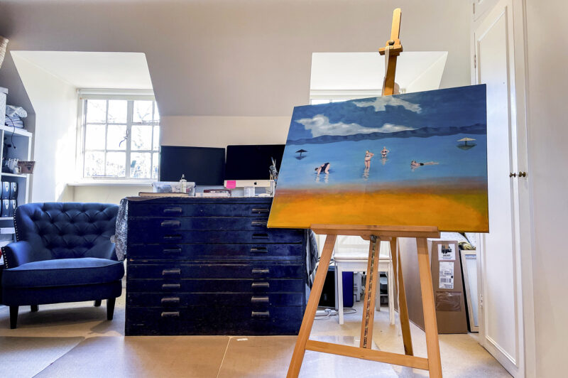 Art studio oil painting easel palette armchair plans chest windows lighting TV filming location hire lodge London 90