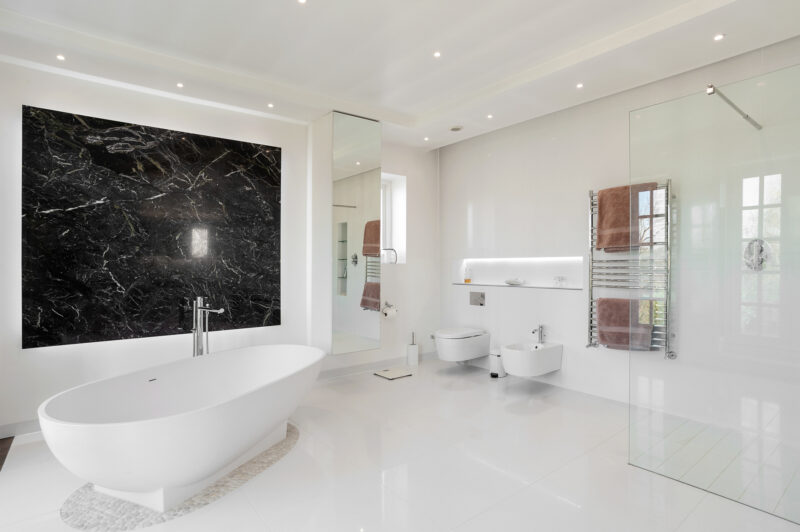 Bathroom modern white marble shutters glass shower TV filming location hire lodge London 71