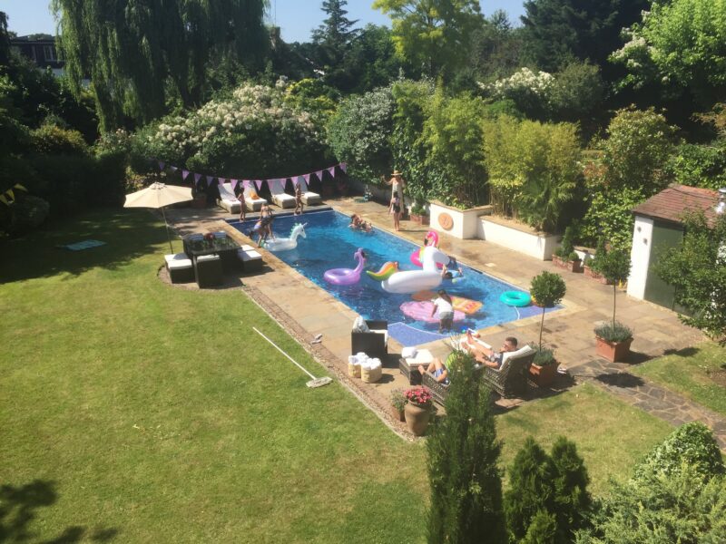 Terrace garden swimming pool party celebraton trees furniture TV filming location hire lodge London 15