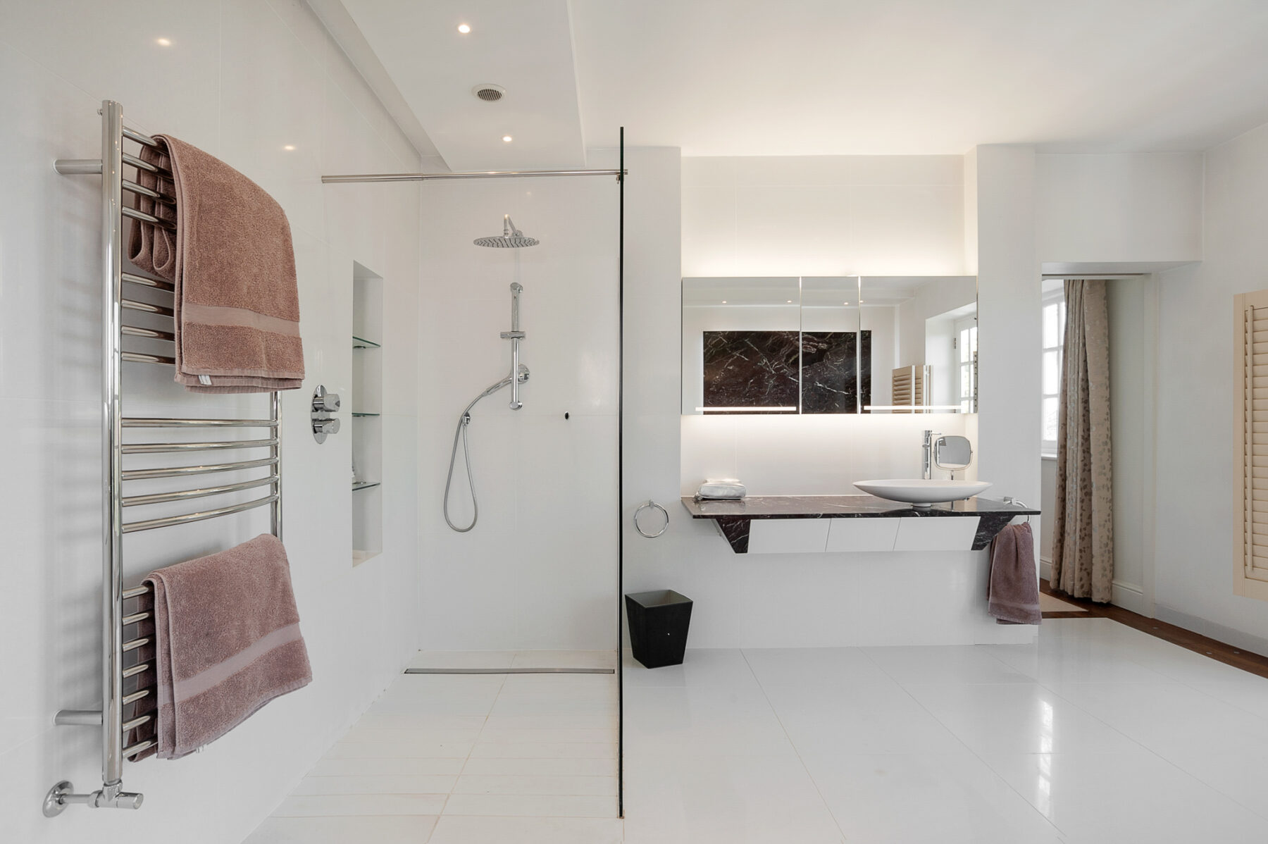 Bathroom modern white glass shower marble sink TV filming location hire lodge London 74