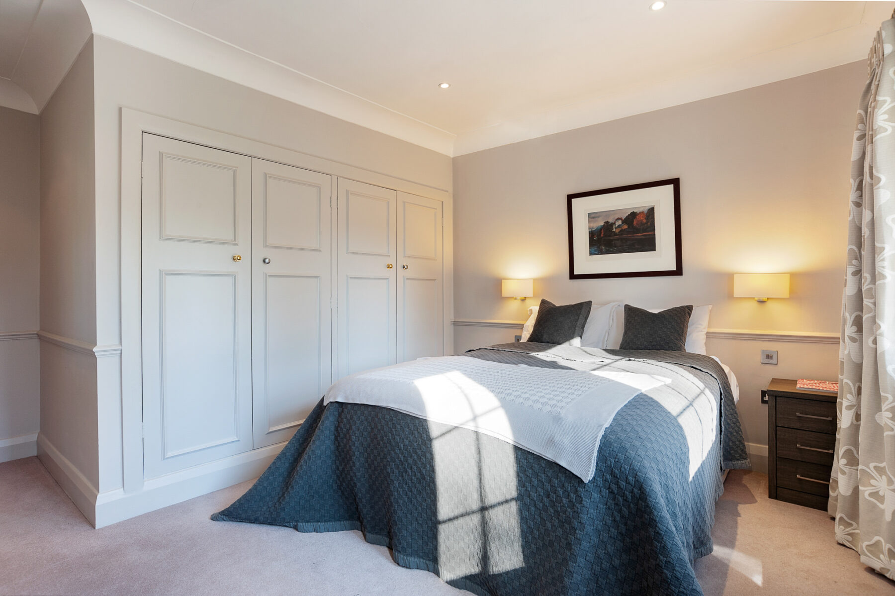 Bedroom double bed modern classic builtin wardrobe TV filming location hire lodge London 82